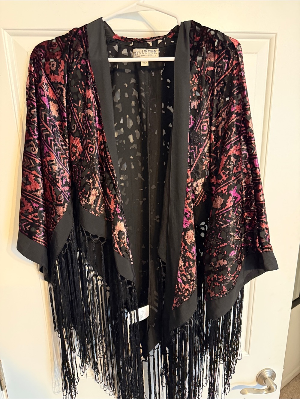 Idyllwind Houston Black Velvet Fringe Kimono with Pink Accents